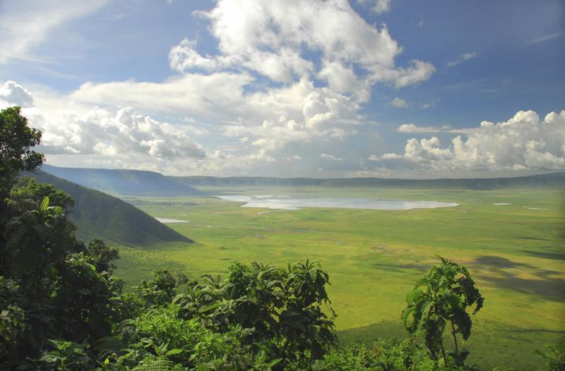 views into the Ngorongoro Crater with blue skies and white puffy clouds