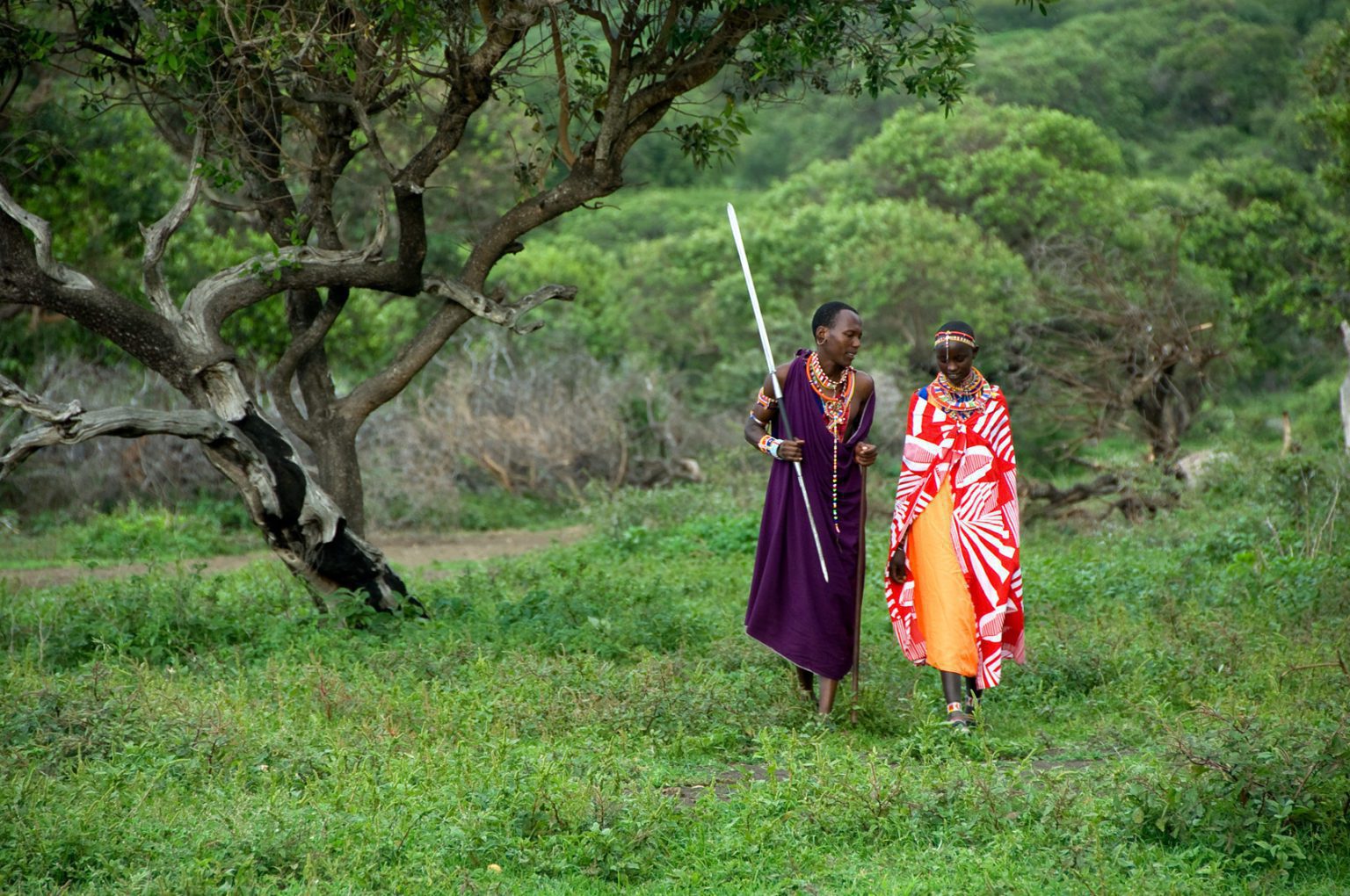 two traditionally dressed people walking in the plains near Ol Donyo Lodge