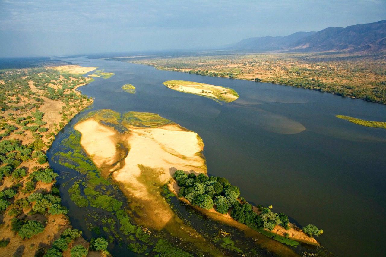 aerial view of mana pools showing islands in the river and trees along the banks.