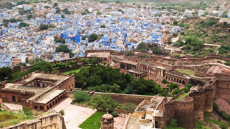 view of the blue city from the high walls of Mehrangarh Fort