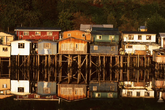Palafito houses in Chiloe on stilts over water