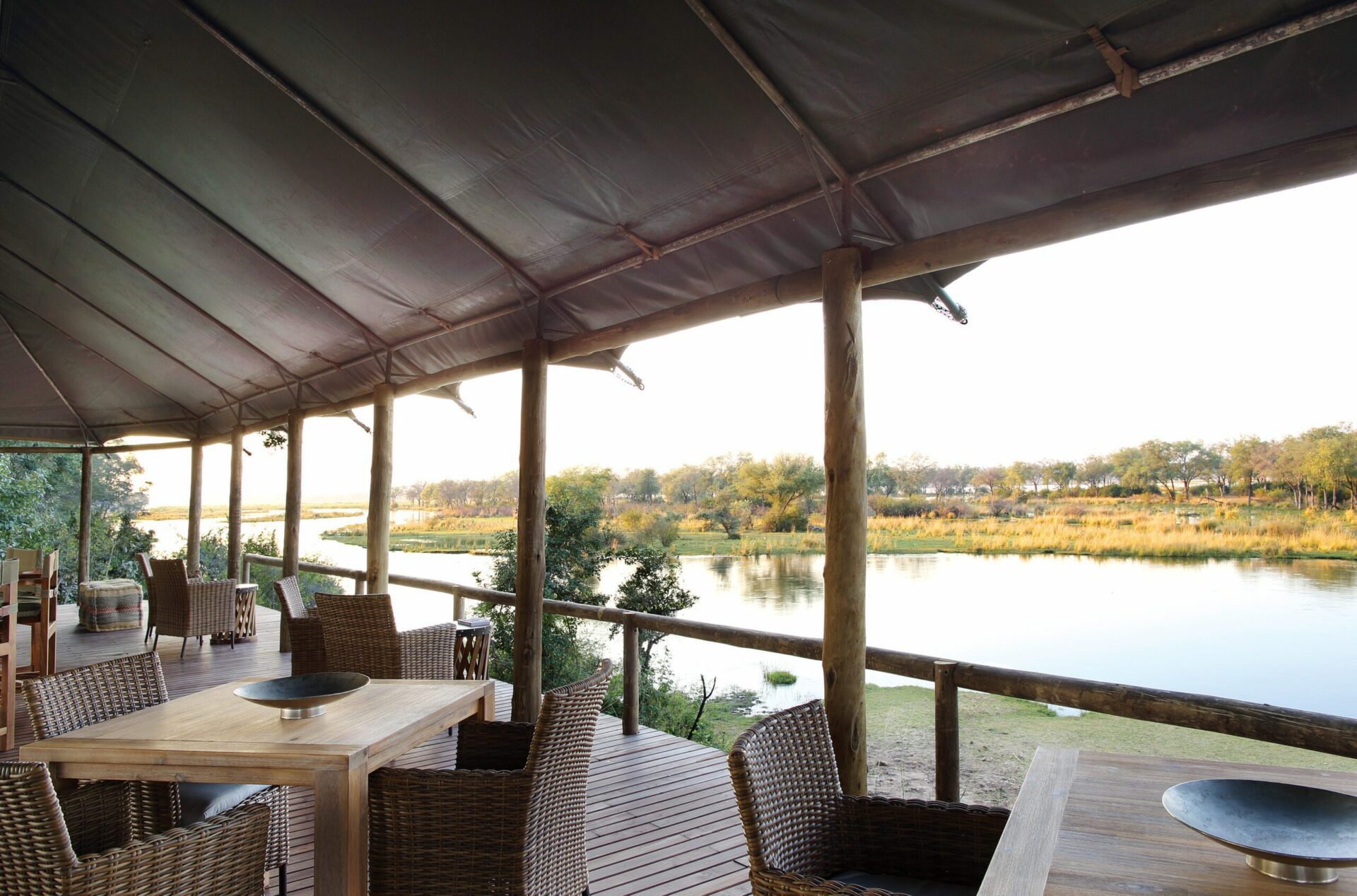 dining area at Amanzi camp in the Lower Zambezi looking out on the river.