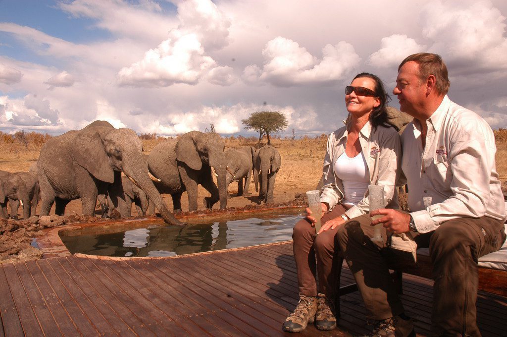 Get Involved! Zimbabwe Conservation Safari, Guests with Elephants Drinking out the Pool
