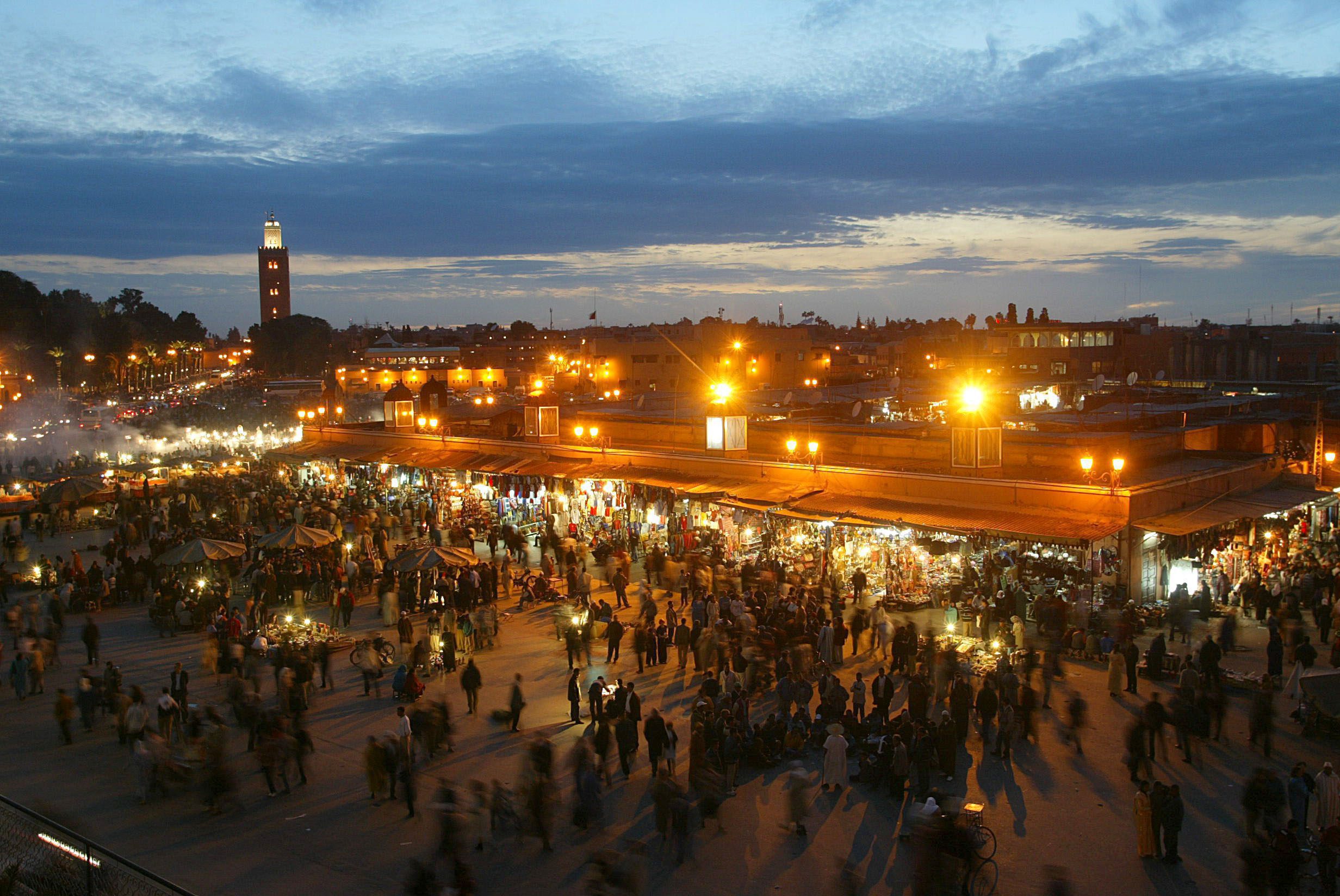 twilight at the main souk in Marrakech on Morocco safari