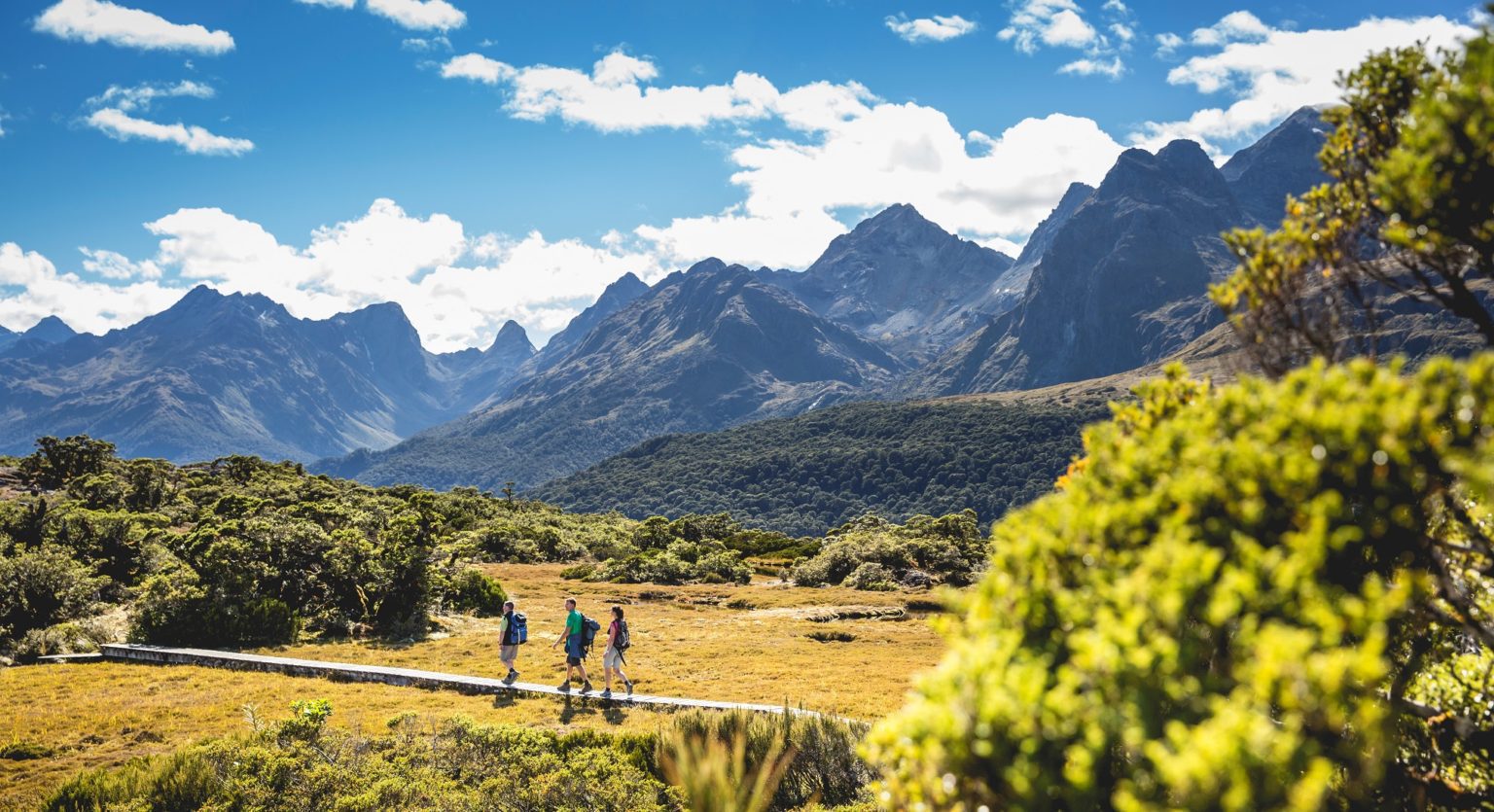 Hikers on New Zealand safari walk along the Routeburn Track with mountains in the background, taken by Fiordland Lodge