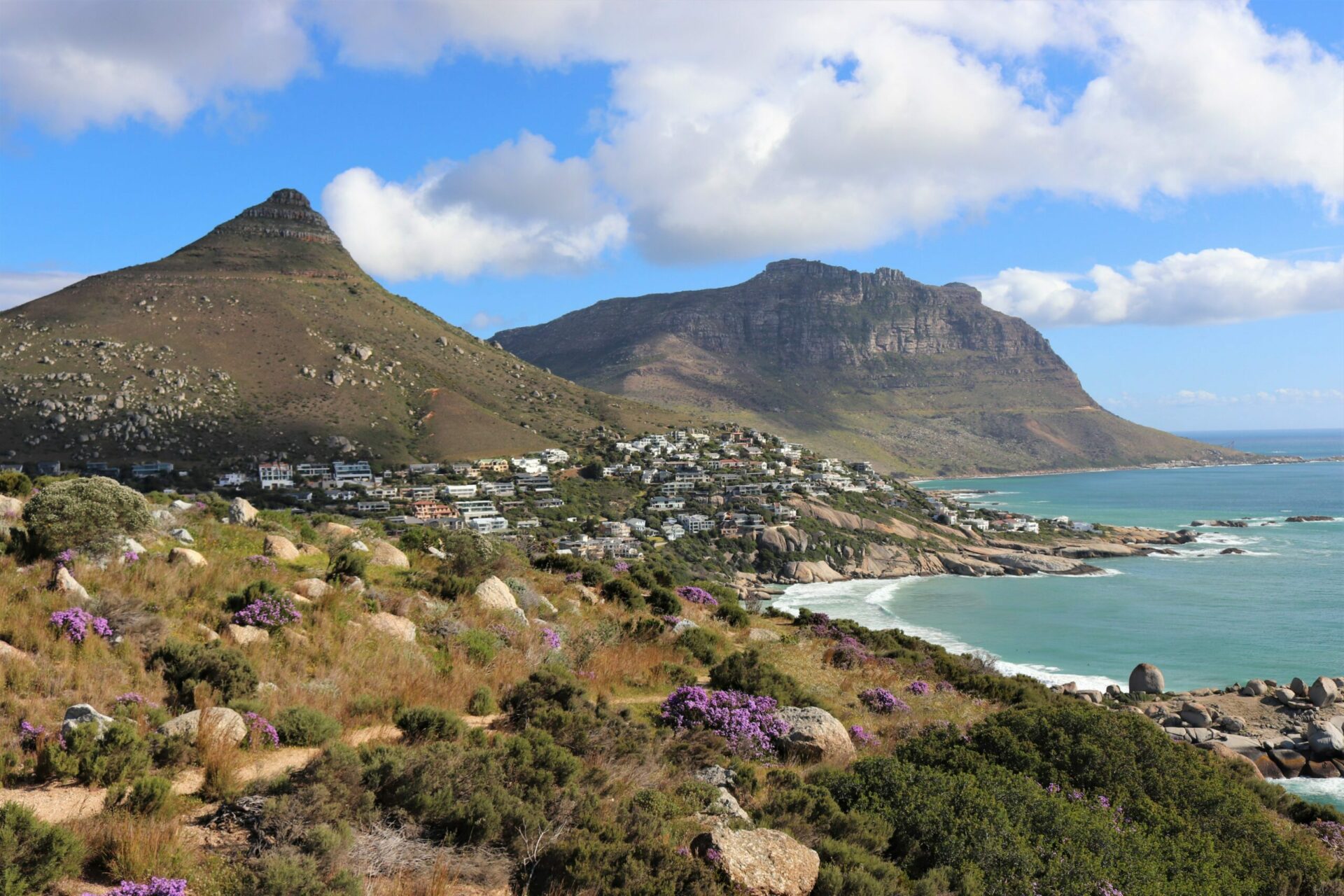 beautiful sunny day in cape town taken from a scenic hike overlooking the mountains and water