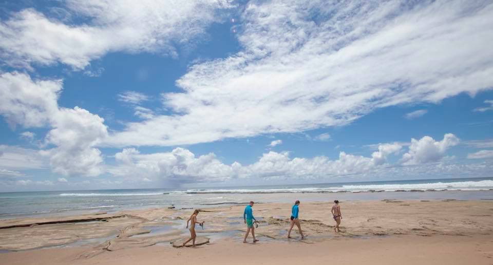 four people in the distance walk on an open beach beneath a blue sky filled with white clouds