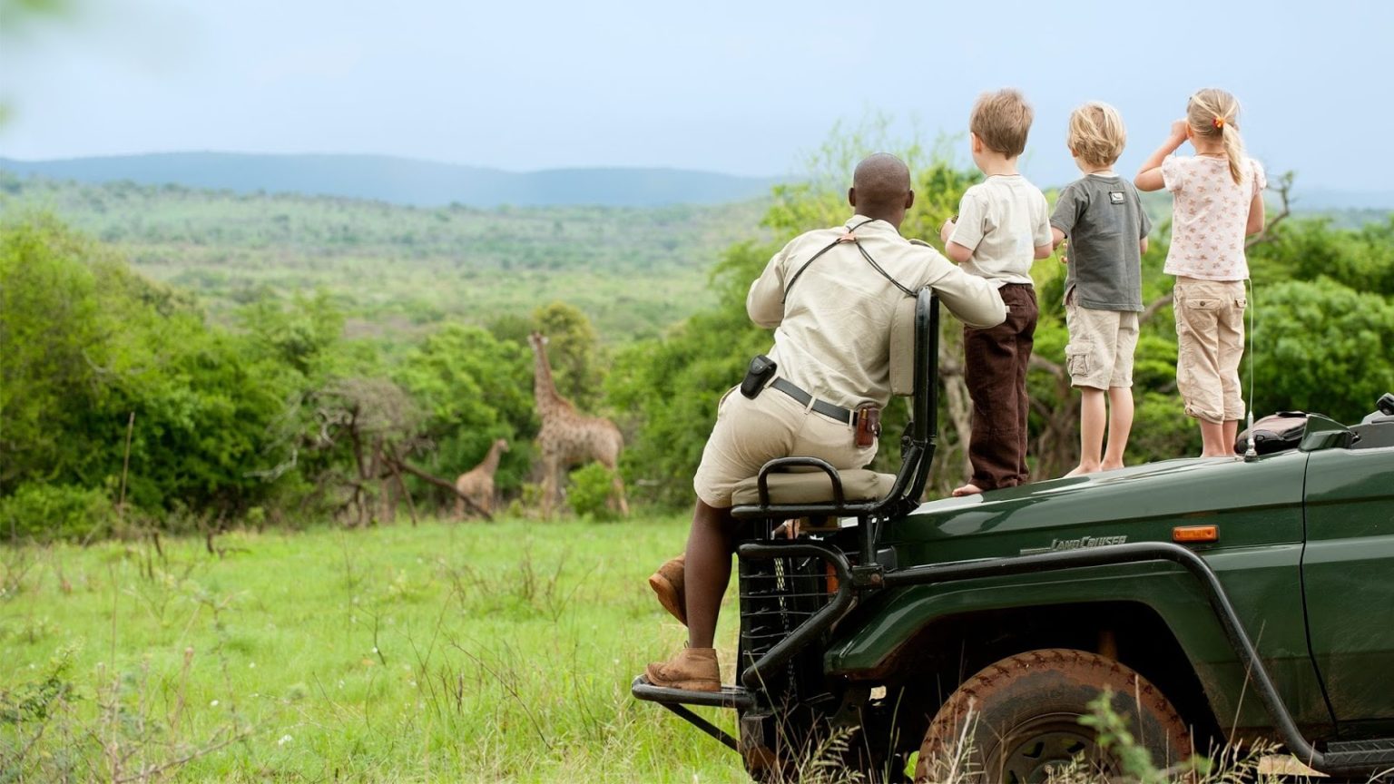 beside their South Africa safari guide, three small children stand atop the hood of a safari vehicle in a green field, watching giraffes