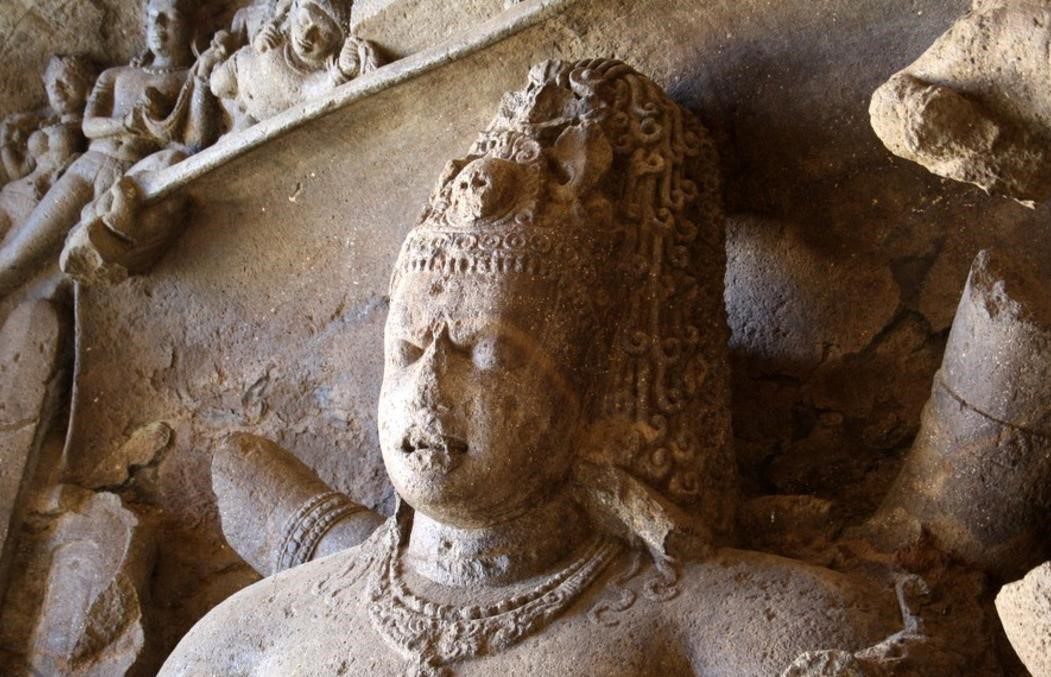 close up of a carved goddess at Elephanta Island