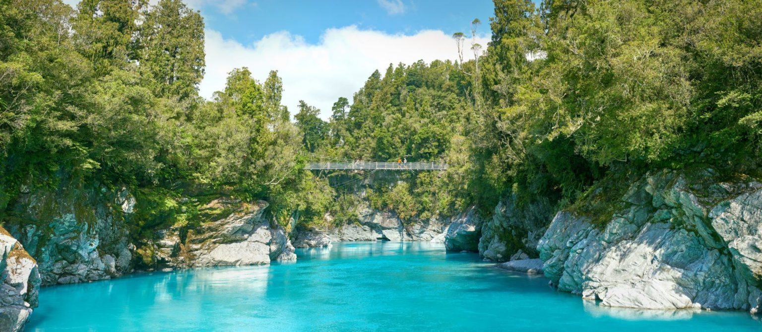 A sunny day at Hokitika Gorge with its glacial blue waters.