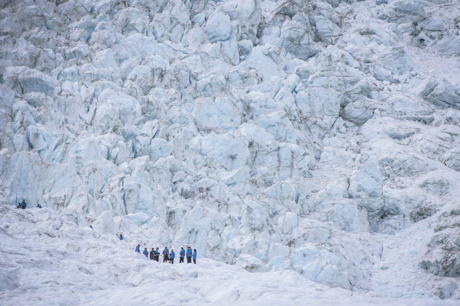 A group of heli-hikers walk in a line on Franz Josef glacier, looking tiny in comparison