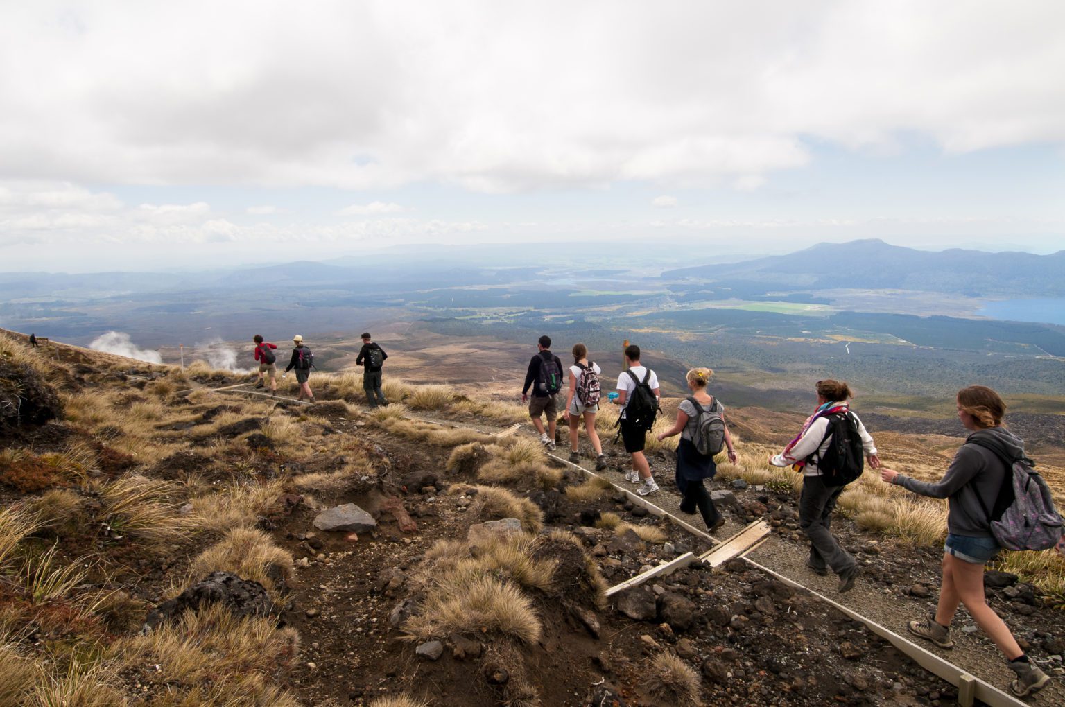 small group of hikers along the Tongariro Alpine Crossing