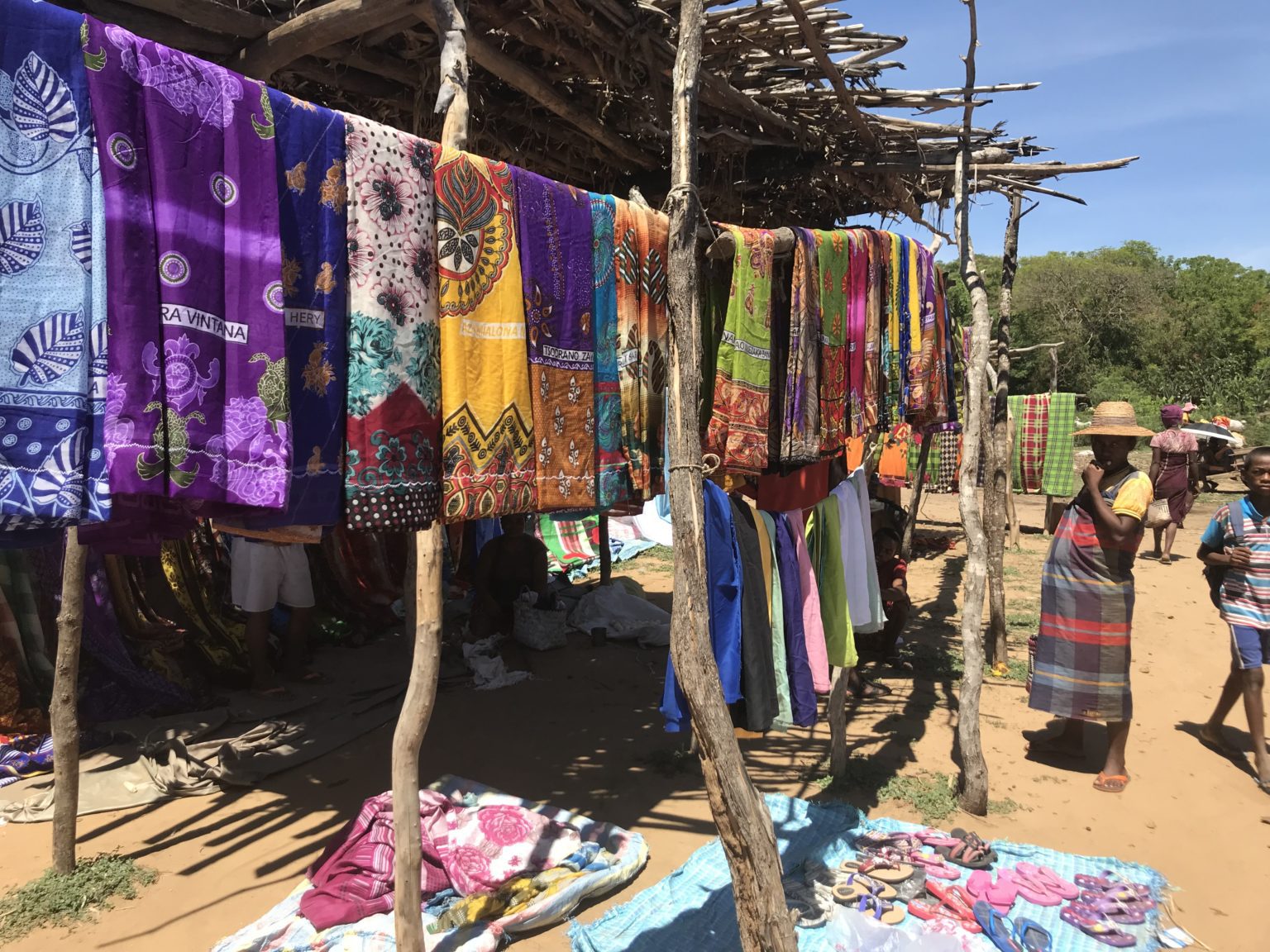 Colorful fabrics at market in Mandrare Village