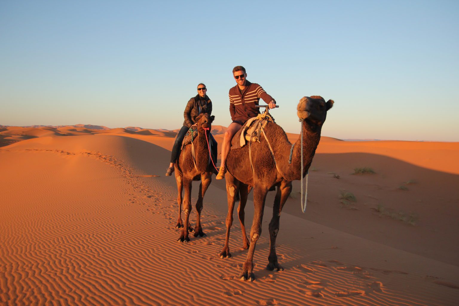 two people riding camels in red desert sand on safari in Morocco