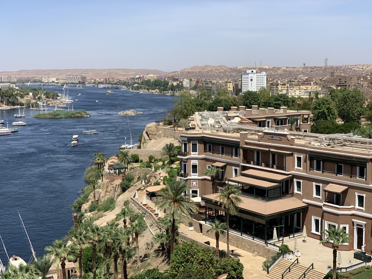 Aswan city and river view with Old Cataract Hotel