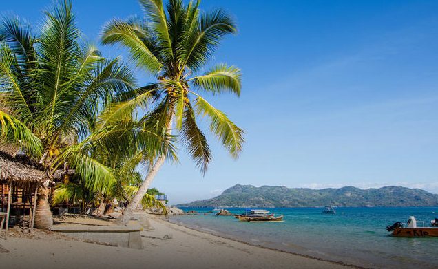 Nosy Komba Beach with palm trees and blue water