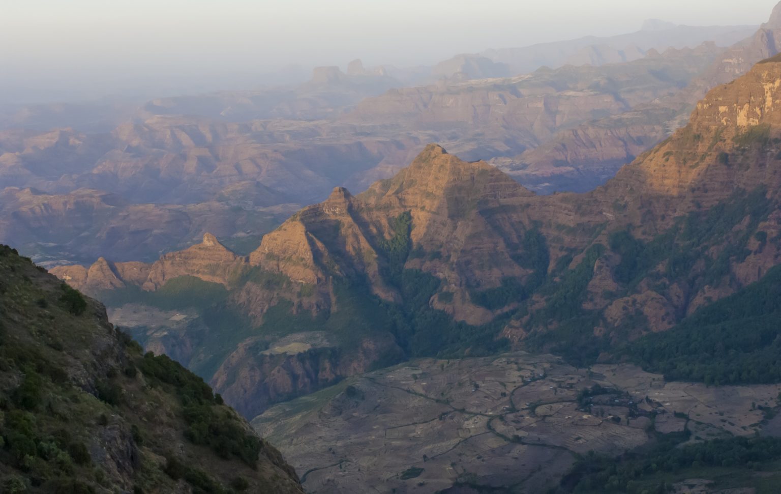 view from high up in the simien mountains on a cloudy day