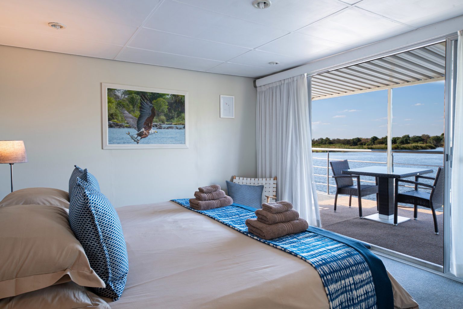 Chobe Princess boat cruise interior view from room with double bed
