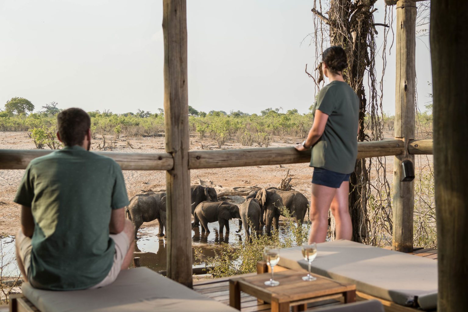 Savute Safari Camp guests at main area observing elephants at the watering hole