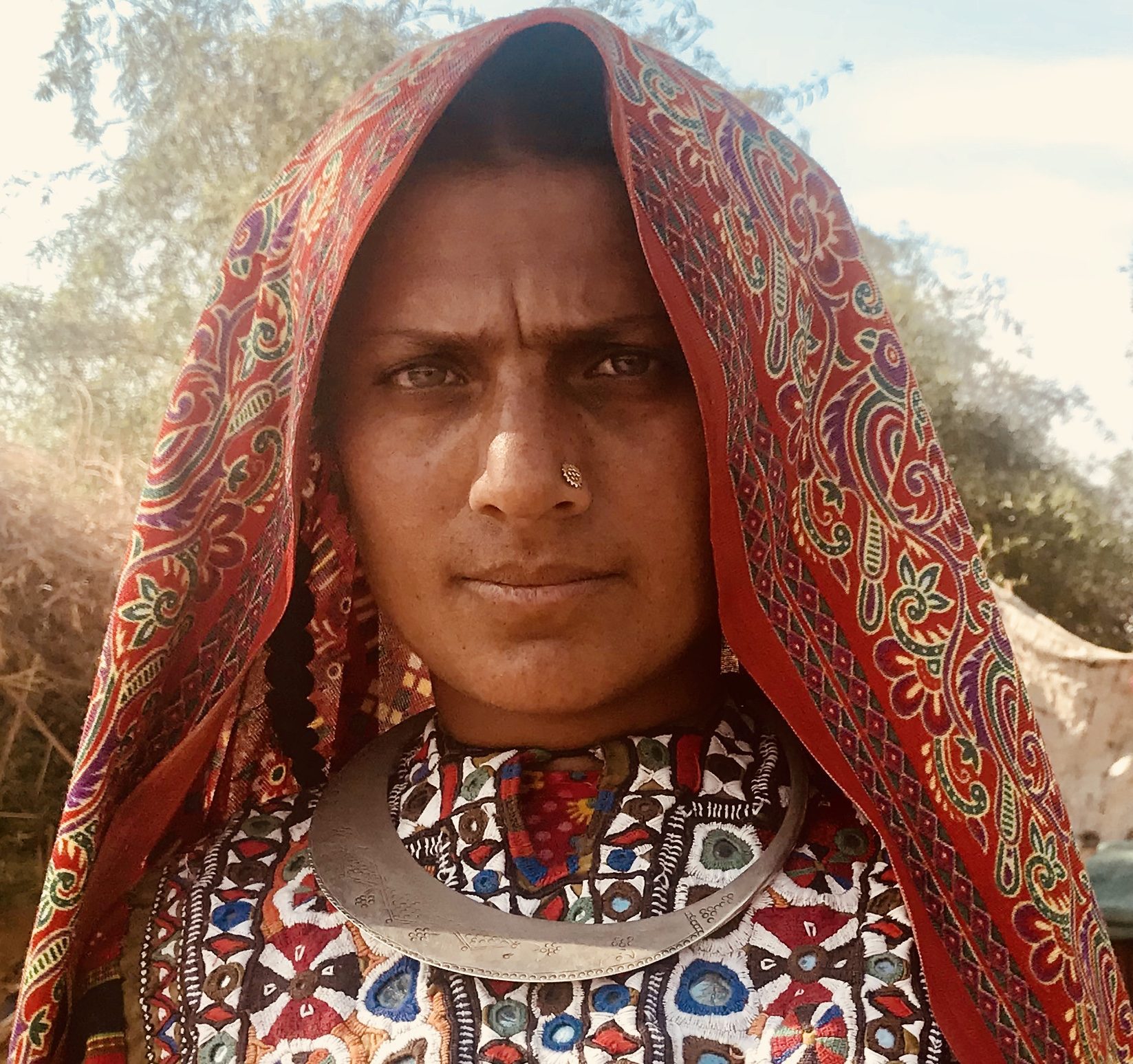 tribal woman dressed in intricately embroidered textiles in gujarat seen on an Indian Subcontinent safari