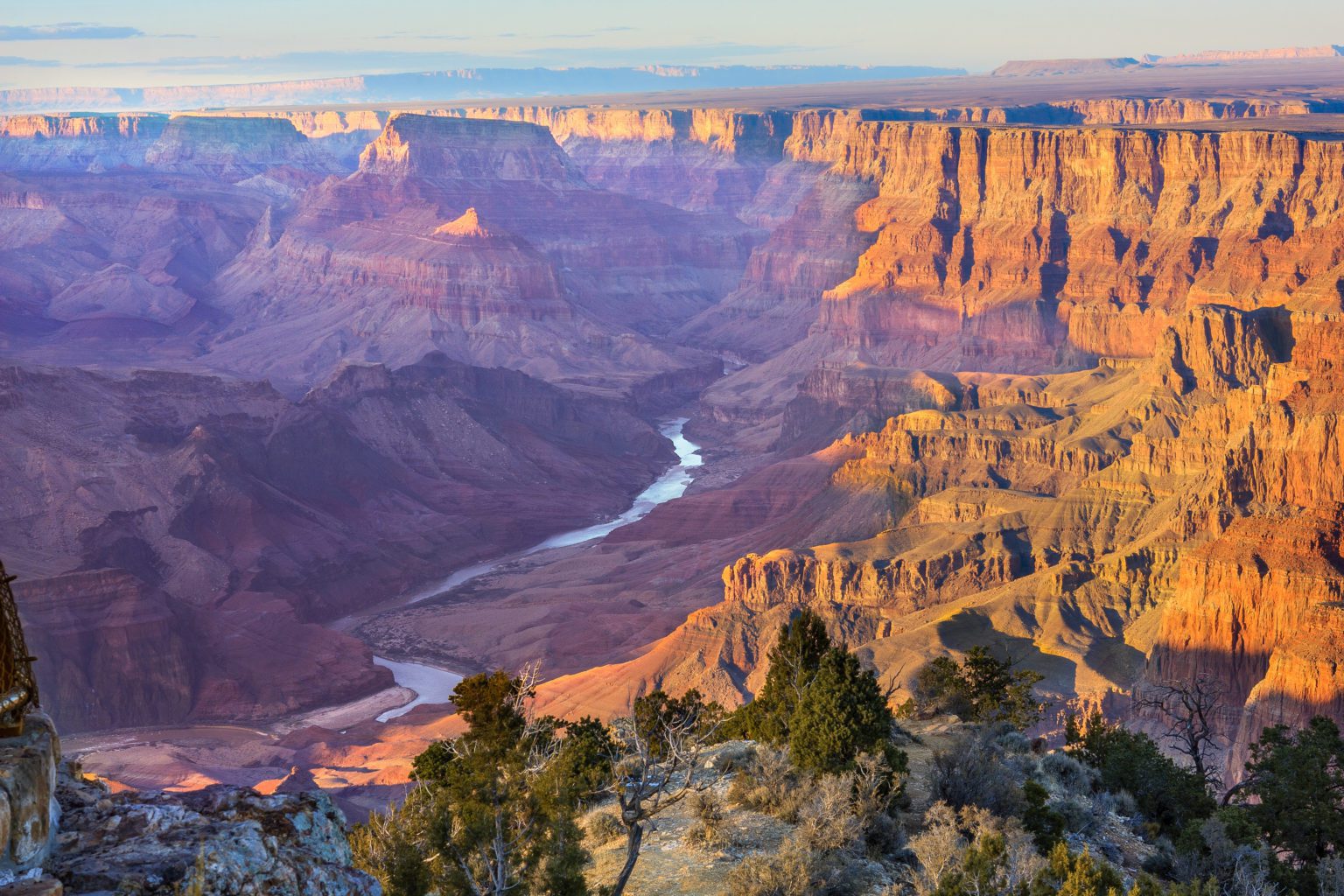 Beautiful Landscape of Grand Canyon from Desert View Point with the Colorado River visible during dusk
