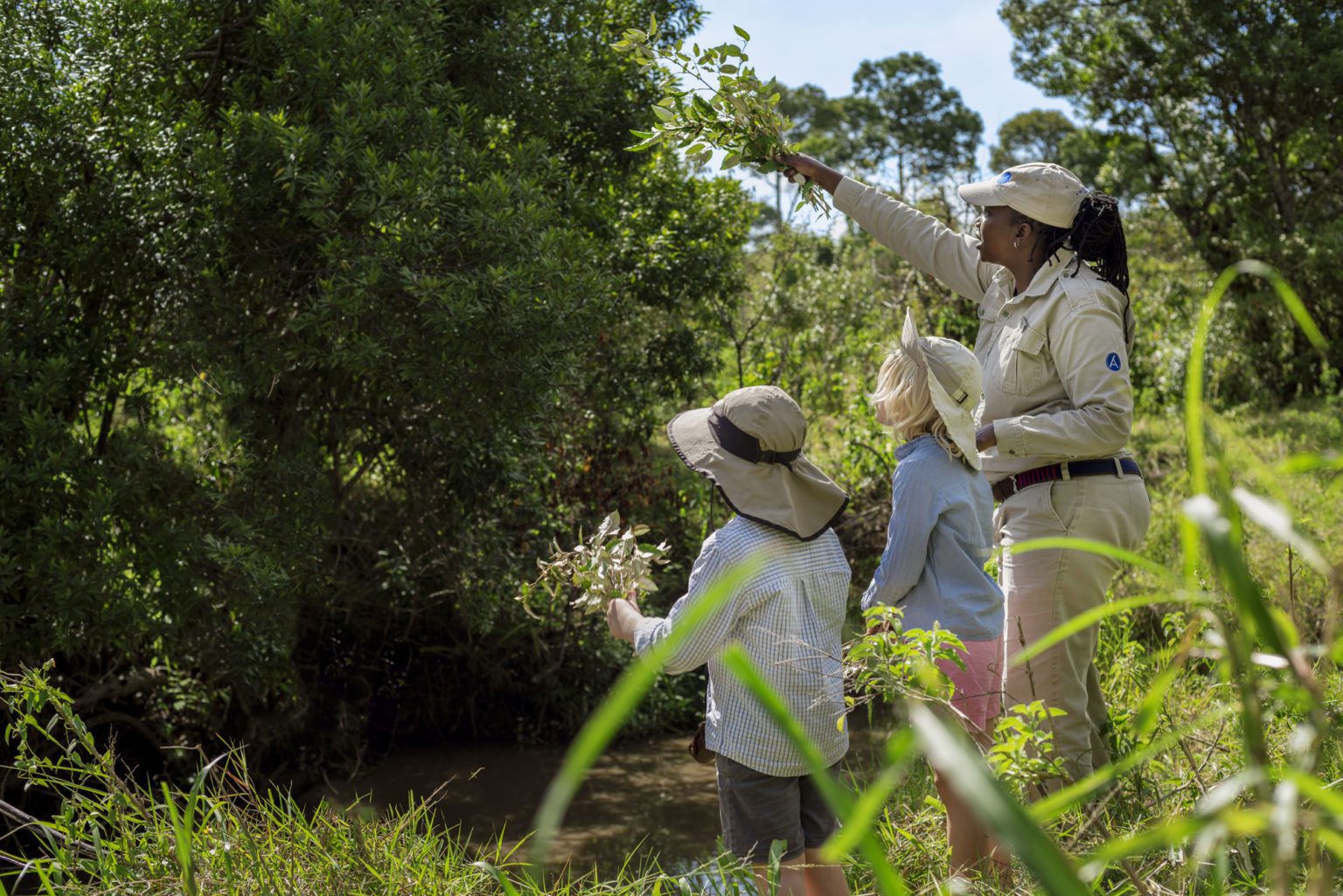 a female safari guide takes kids on a bush walk and stops to point out something.