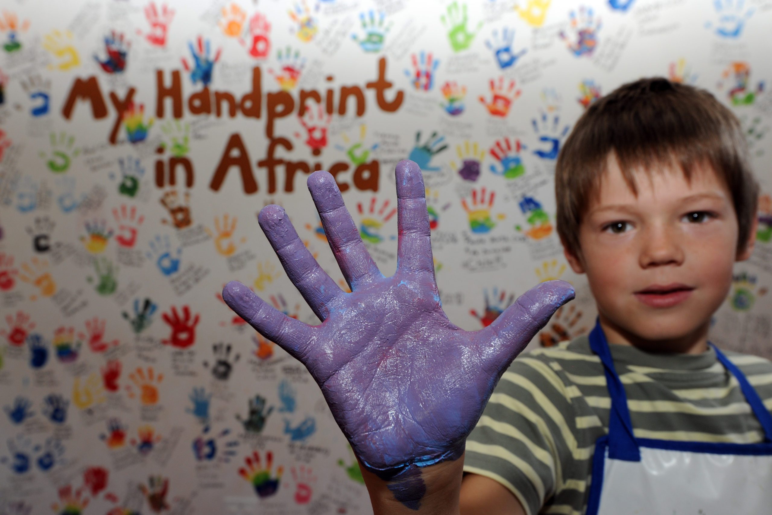 a boy in a striped shirt shows his purple painted hand to the camera before leaving a handprint at the Elefun Centre