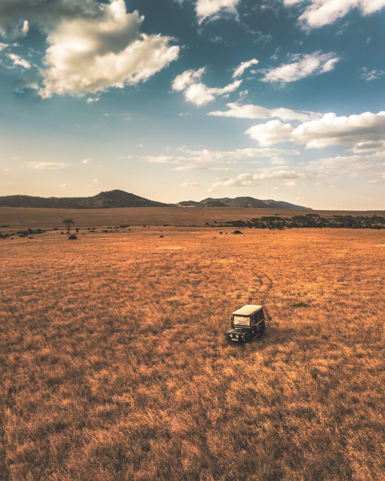 lone safari vehicle on a game drive on empty plains