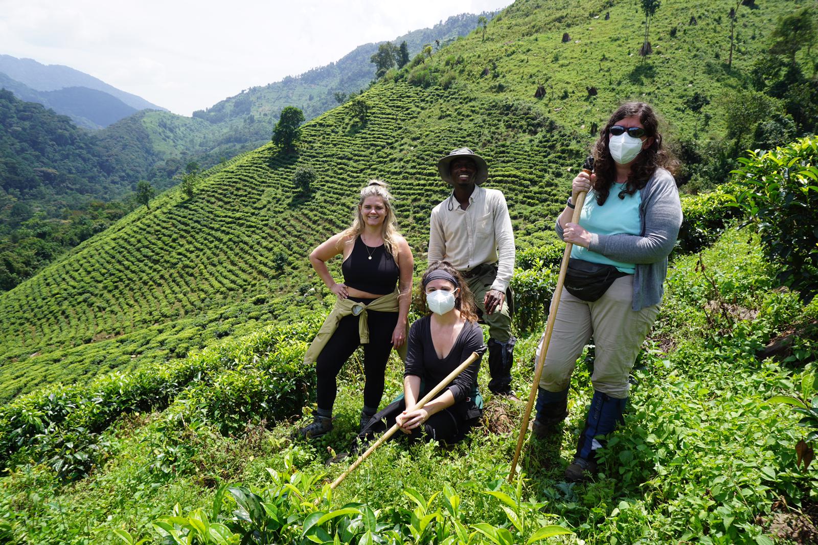 a group of people standing on top of a lush green hillside.