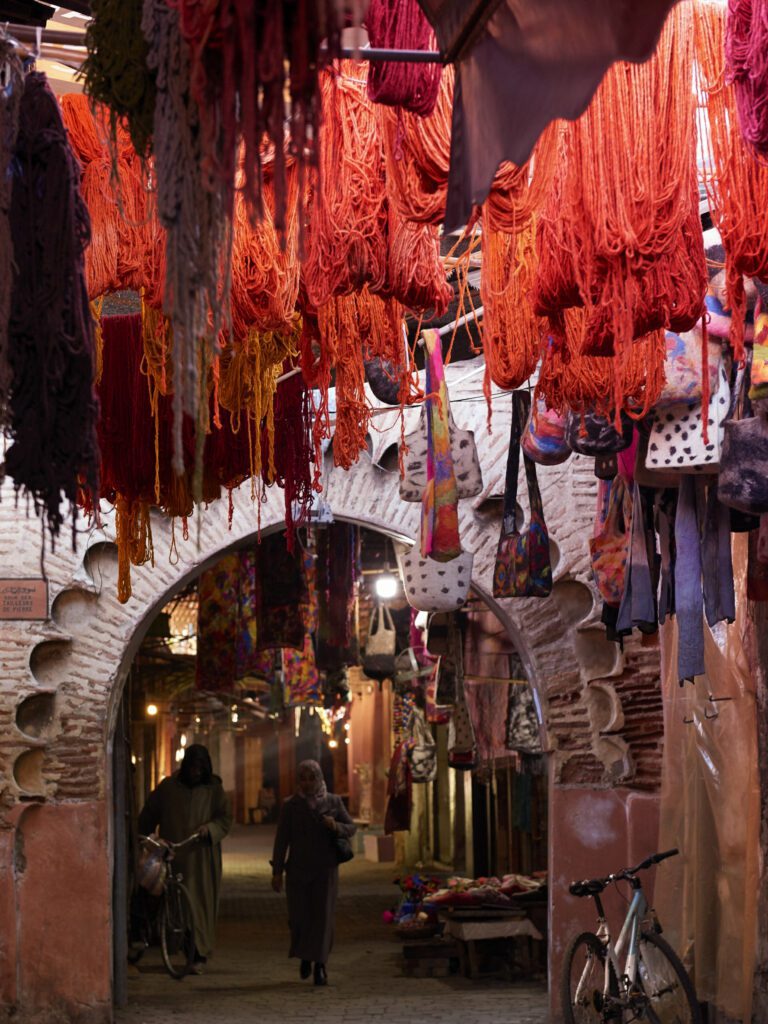 Textiles shad an alley way in Marrakesh