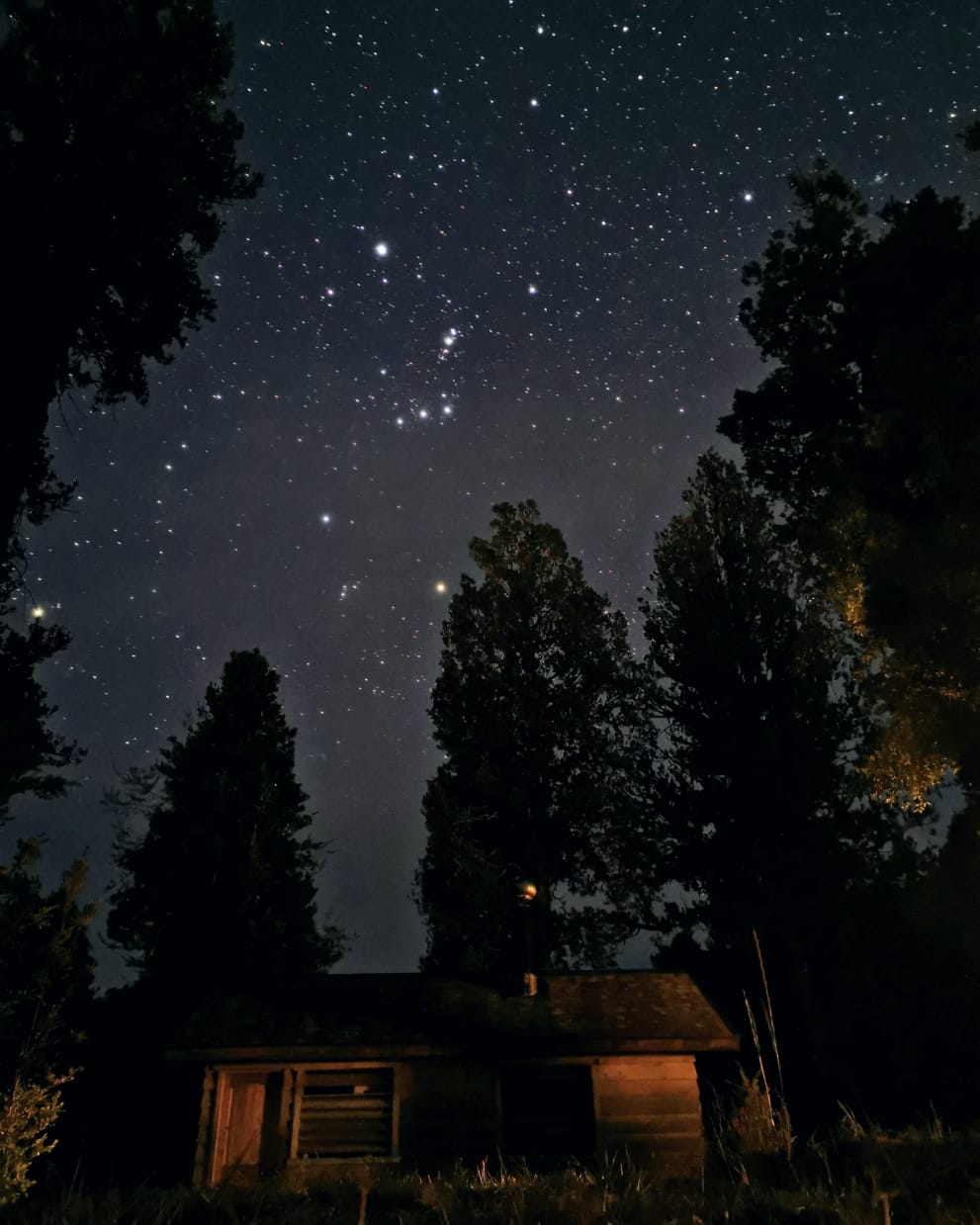 the night sky over a cabin in the woods.