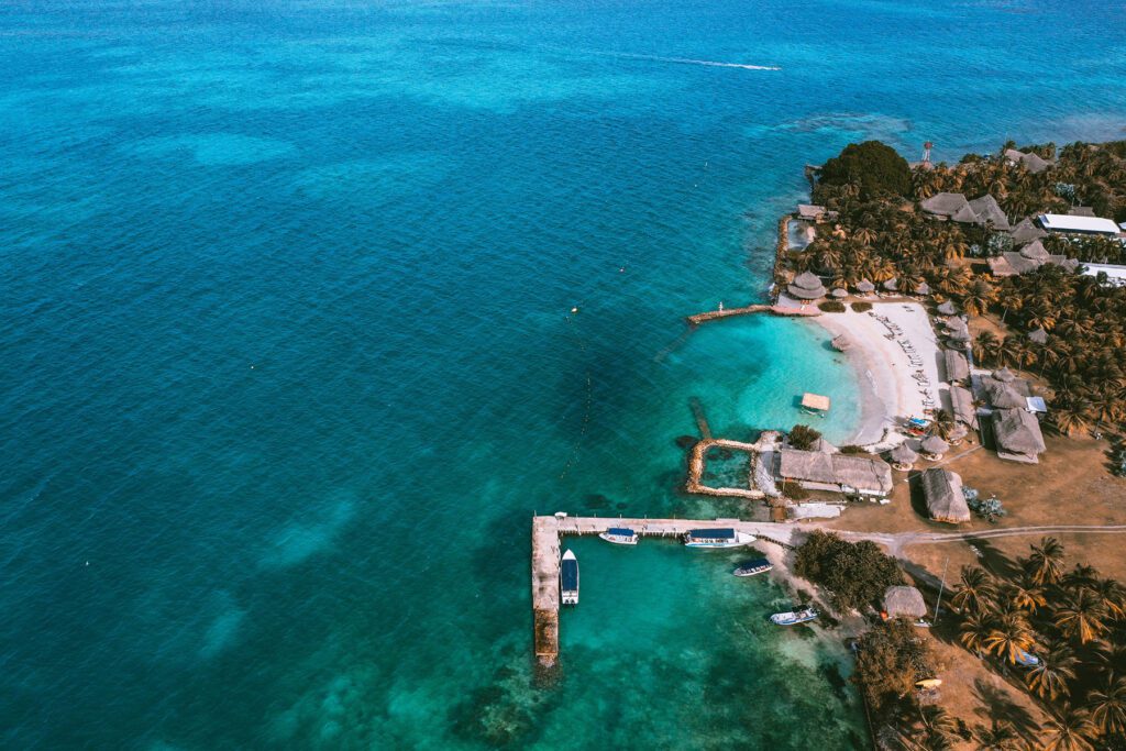 Arial view of a beach lodge on Colombia's Islas San Bernardo
