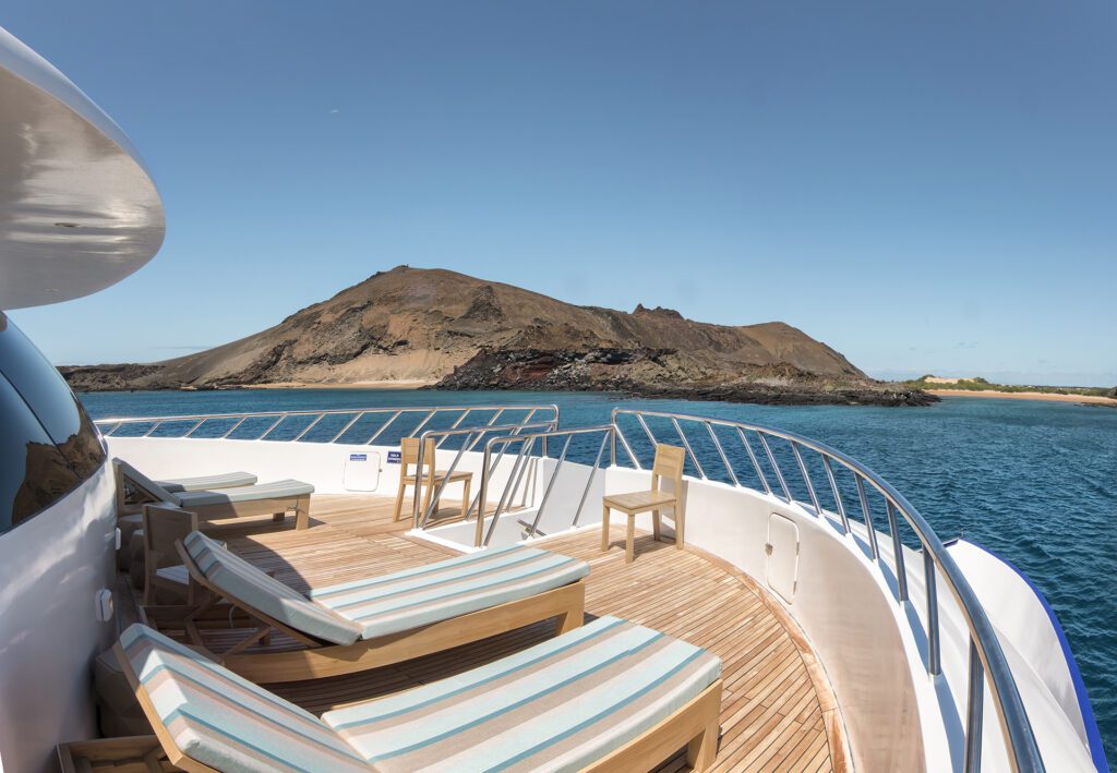 View from the front deck of the Endemic yacht. looking out to the ocean and islands