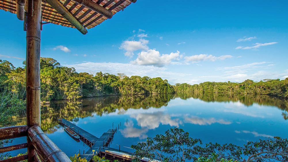 looking out from La Selva deck to the Laguna Garzacocha lagoon.