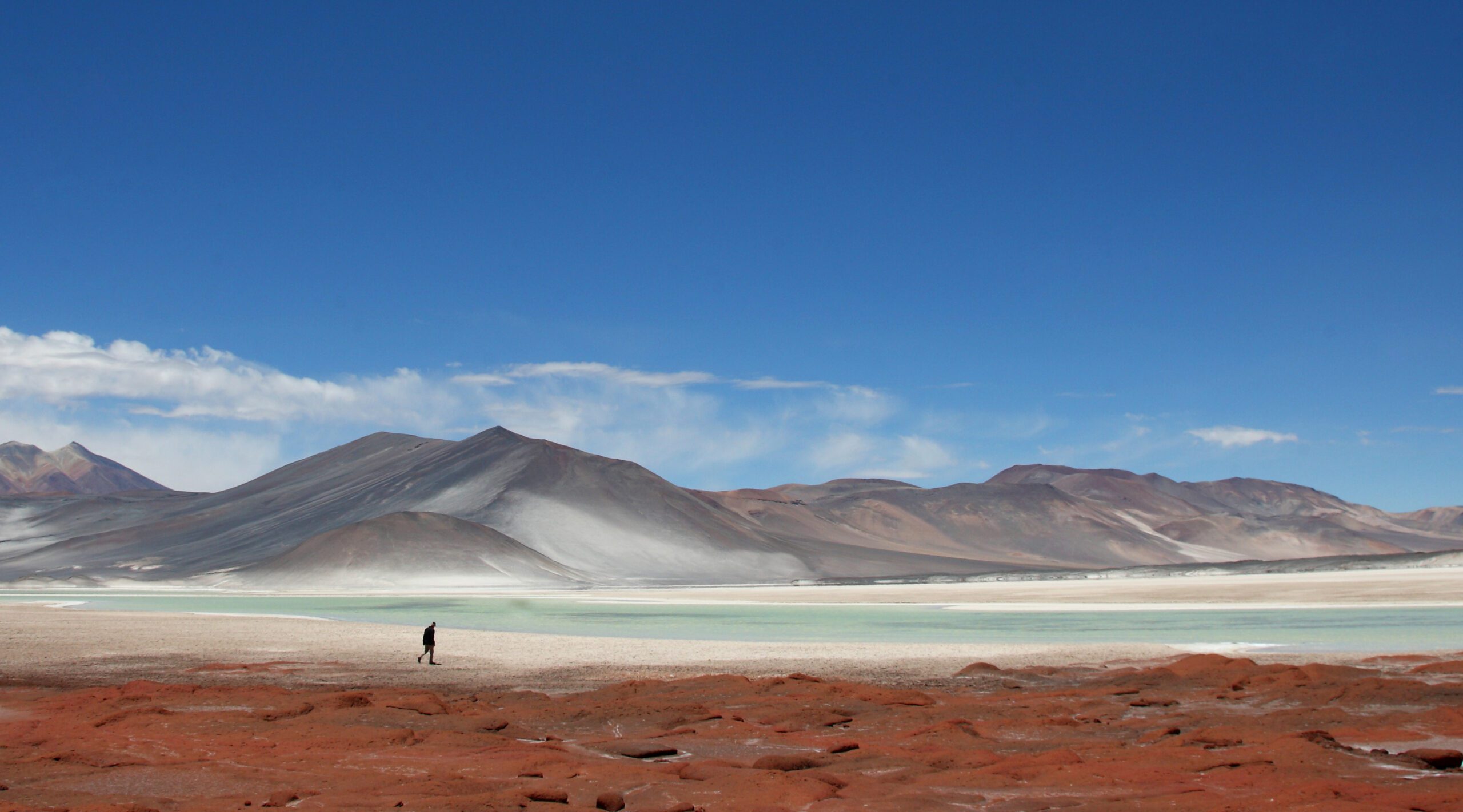 A lone person standing in the middle of a desert.