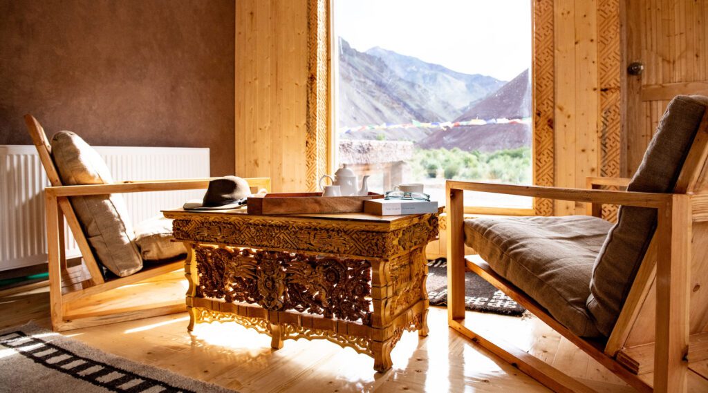 Picturesque cpzy seating area at Lungmar camp  on snow leopard safari Ladakh India in the Himalayas.