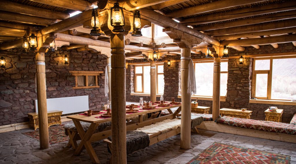 Dining area at Lungmar camp on snow leopard safari Ladakh India in the Himalayas.