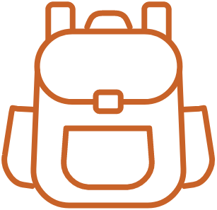 an orange line drawing of a backpack.