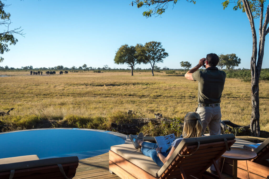 Shaded by leadwood trees, Linkwasha’s tented suites offer views of the camp’s water hole.