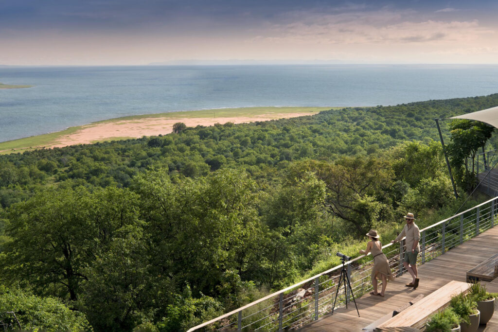 The expansive decks at Bumi Hills overlook Lake Kariba, inviting guests to drink in the expansive views. 