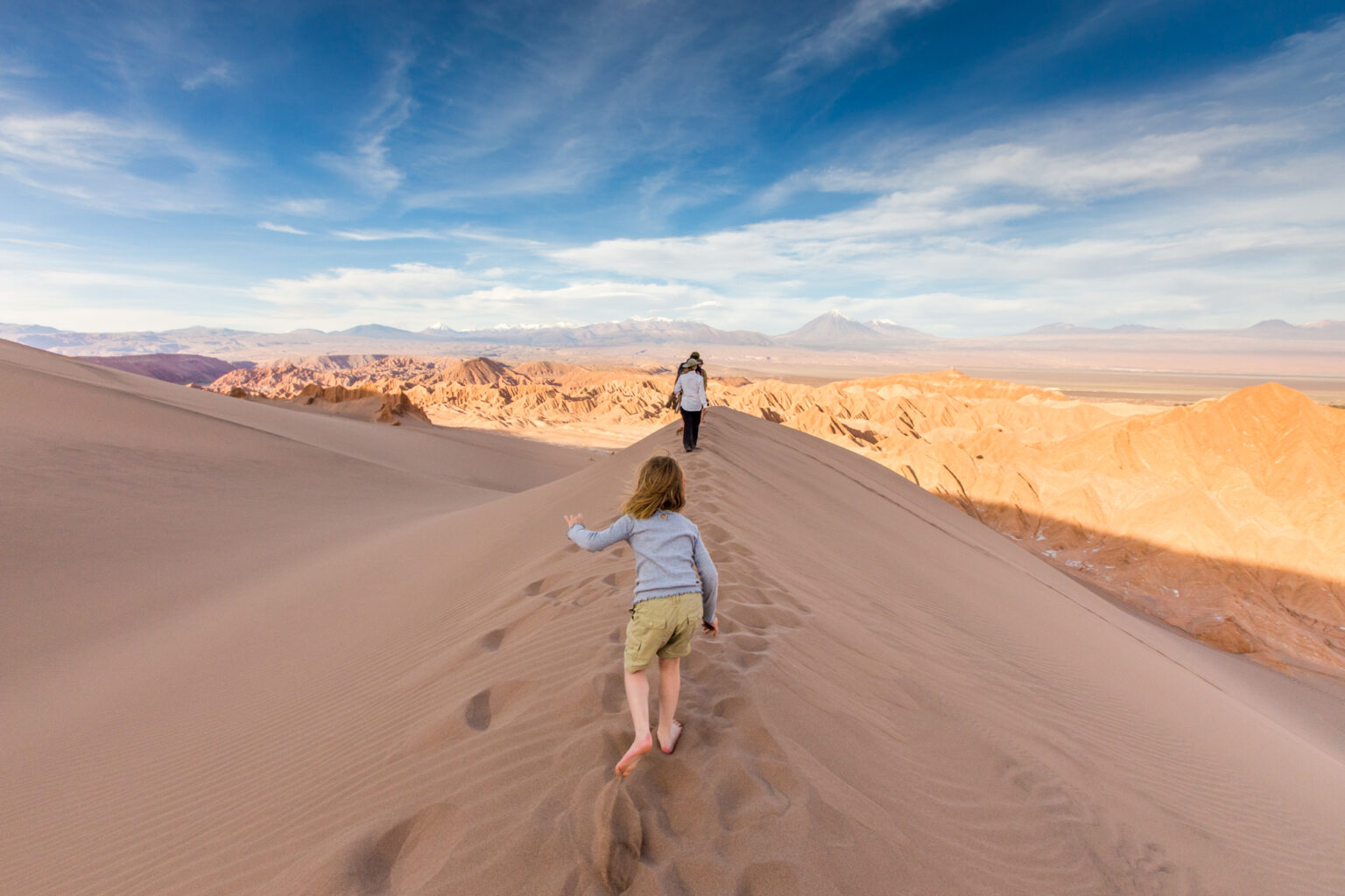 A family walking on the peak of a dune