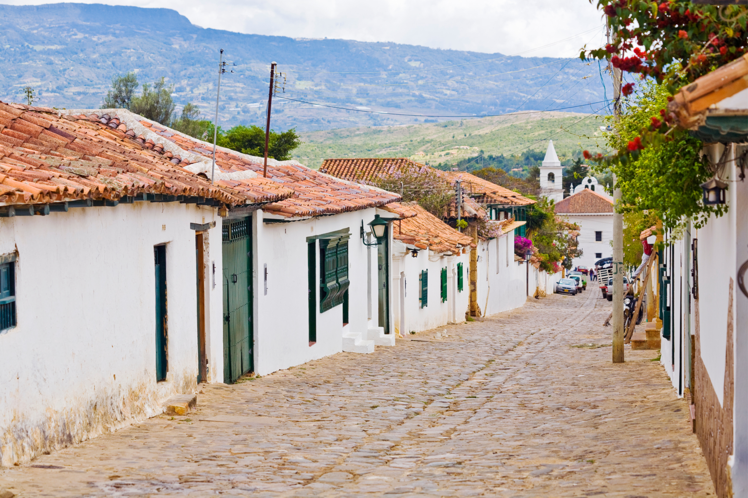 Cobblestone street with white homes
