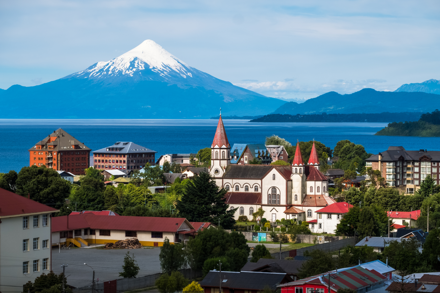 Town of Puerto Varas in front of the Llanquihue Lake and the snow-capped Osorno volcano