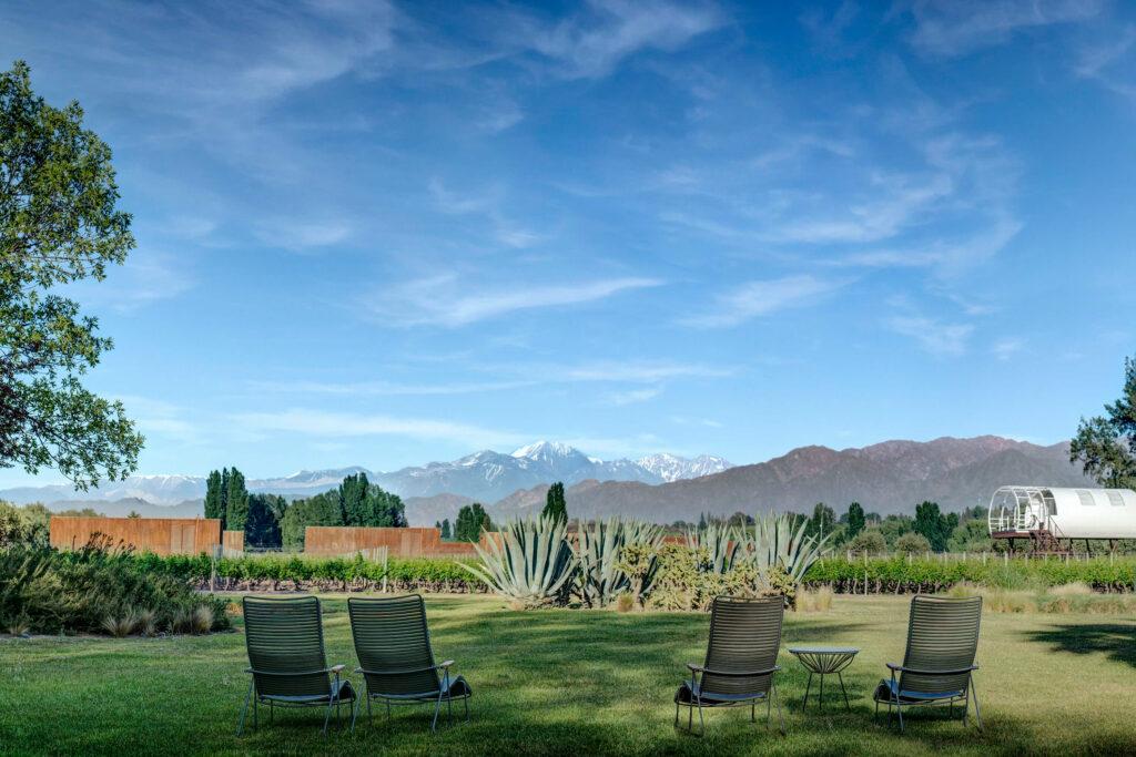 Chairs on a green lawn with beautiful views in Mendoza