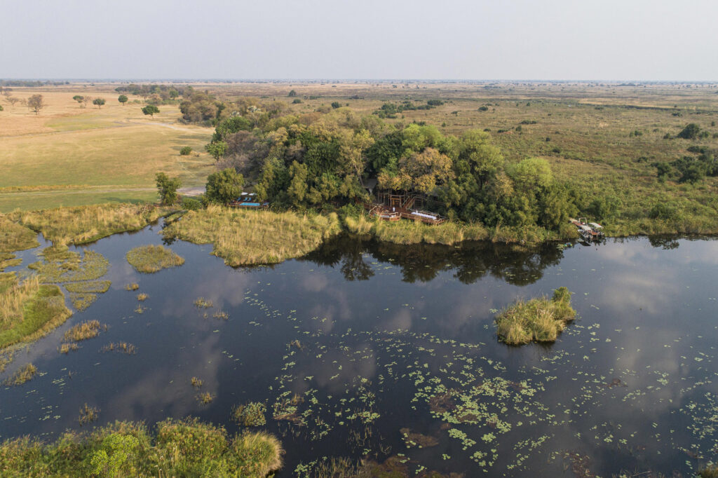 An aerial shot of Shinde lodge on the banks of the Okavango Delta