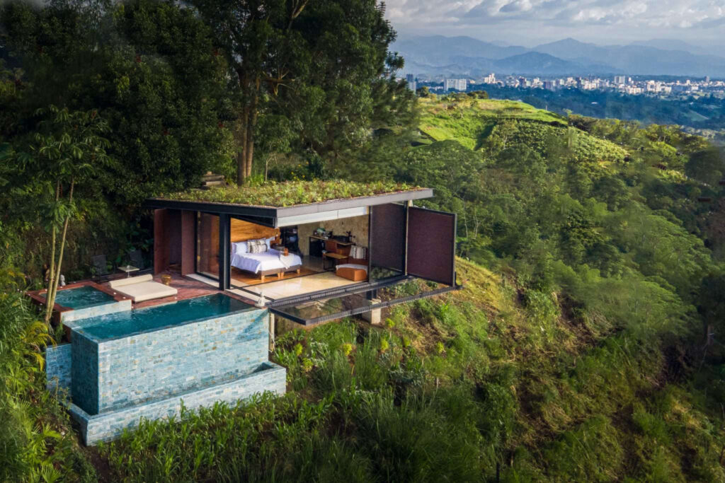 A luxury suite suspended from the hillside