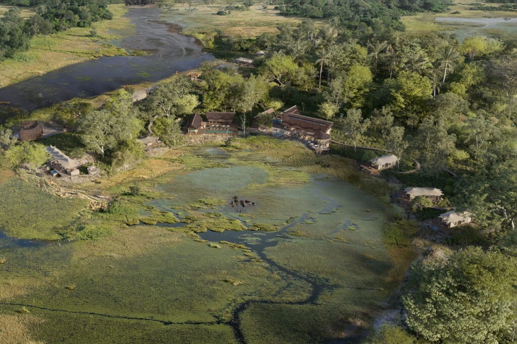 Green wetlands and a luxury camp set in the Okavango Delta, Botswana
