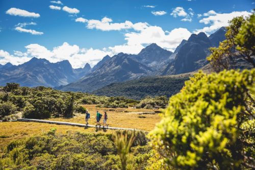 three hikers on a luxury walk traverse a wooden path near the South Island’s Main Divide with jagged peaks in the distance