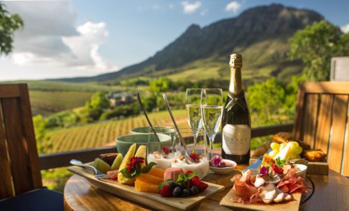 platter of cheese, meat and wine with vineyard views in the background on this Africa honeymoon safari
