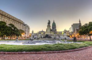 City scape of congress square in downtown Buenos Aires with statue and capitol building